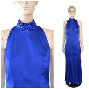 Tadashi Shoji Blue Satin Mesh Beaded Gown 4 NWT